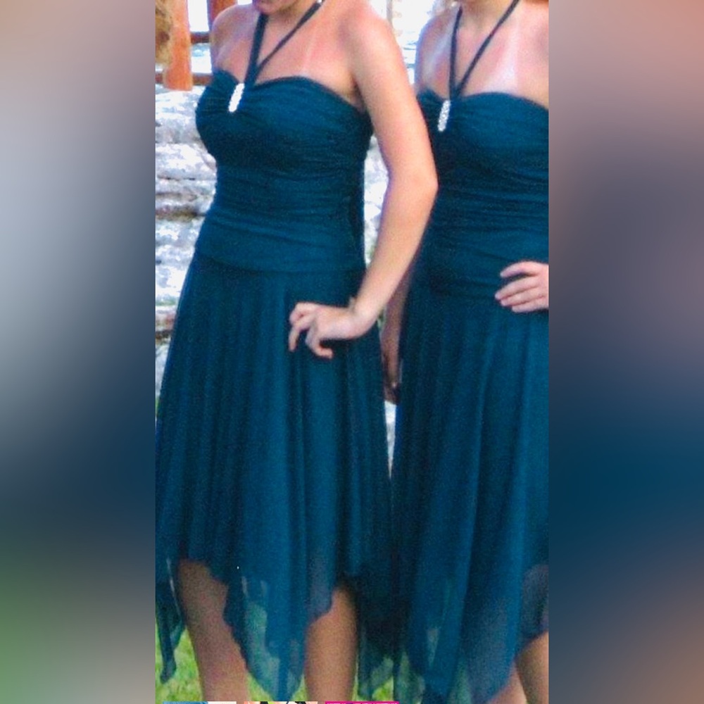 EUC Dress: Bridesmaid/Homecoming, Teal, Strapless/Halter, Handkerchief Hem